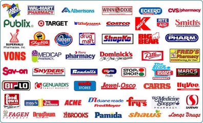 A collage of various logos of various companies and brands. The logos are arranged in a grid-like pattern with each logo representing a different company or brand. <br /><br />The logos are of different brands such as Publix Target Walmart Albertsons Winn-Dixie Eckerd CVS/pharmacy Rite Aid Smith's and Vons. Some of the logos have their names written on them while others have their logos on them.<br /><br />There are also several other logos of different companies including Vons Vons Pharmacy Domino's Stop Shop and Marcs as well as other brands like Birlo Genuardis Acme and Fagen Drugtown. These logos represent different types of drugs and products that are available for purchase in the United States. The image appears to be a list of the companies and their respective logos.