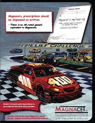 An advertisement for the Magnacet Pain Relief Challenge. It features a red car with the number 400 on it driving on a race track with a crowd of people in the background. The car is in the center of the image with the words "Pain Relief Challenge" written above it. On the top right corner there is a note that reads "Magnacet prescriptions should be dispensed as written. There is no AB-rated generic equivalent to Magnates." Below the note there are two bullet points that explain the benefits of using the medication. The background is a dark blue color with a checkered pattern.