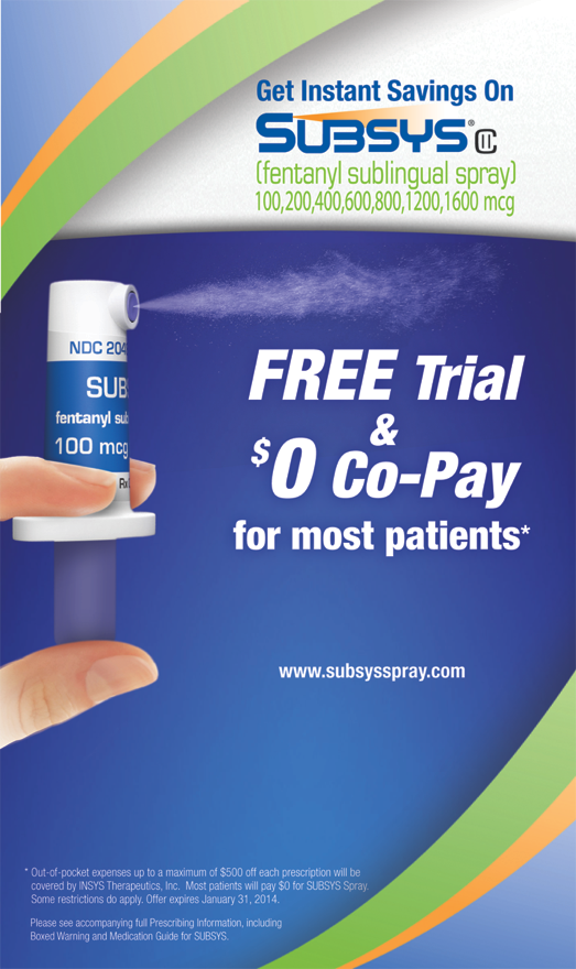 An advertisement for Subsys offering a free trial and co-pay for most patients. The background of the image is blue with a green and orange wave-like design. On the left side there is a hand holding a white spray bottle with the text "Get Instant Savings On Subsys" and "Fentanyl Sublingual Spray" written on it. The text on the bottle reads "10020040060080012001600 mcg" and the website "www.subsysspray.com" is written below the bottle. The overall design of the advertisement is modern and eye-catching.