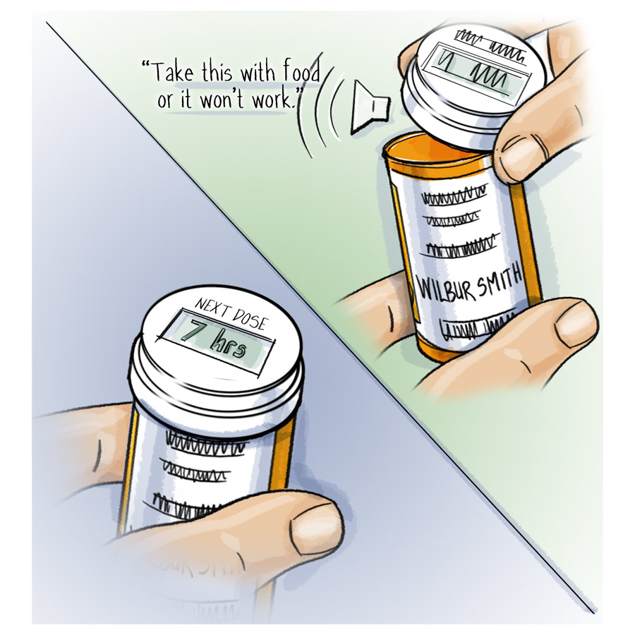 A cartoon illustration of a hand holding a prescription bottle with the label "Wilbur Smith" on it. The bottle is orange in color and has a white cap. The label on the bottle reads "Next dose 7 hours". There is a speech bubble above the bottle that reads "Take this with food or it won't work." The background is light blue.