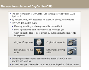 A slide from a presentation about the new formulation of OxyContin (ORF) by the FDA in April 2010. The slide has a title at the top that reads "The new formulation" and below it there is a table with three columns. <br /><br />The first column is titled "By January 2011 CAF accounted for over 92% of OxyContin volume" and lists the following information:<br /><br />- Breaking crushing or chewing the tablet is more difficult<br />- Injecting crushed tablets more difficult by forming a gel<br />- Smoothing crushed tablets are more difficult to clumping crushed tablets into large pieces<br />- Original 40 mg tablet<br />- Reformulated 40 mg tablets<br />- Effects expected to be greatest in reducing abuse of Oxycontin by injection and snoring<br />- No basis to expect direct effect on abuse via oral ingestion of whole tablets<br /><br />There are also three images on the slide each showing a different type of tablet. The first image is of a white pill the second is of an orange pill and the third is of two white pills.<br /><br />Overall the slide appears to be discussing the new changes in the formulation of the ORF which is a medication used to treat inflammation and pain.