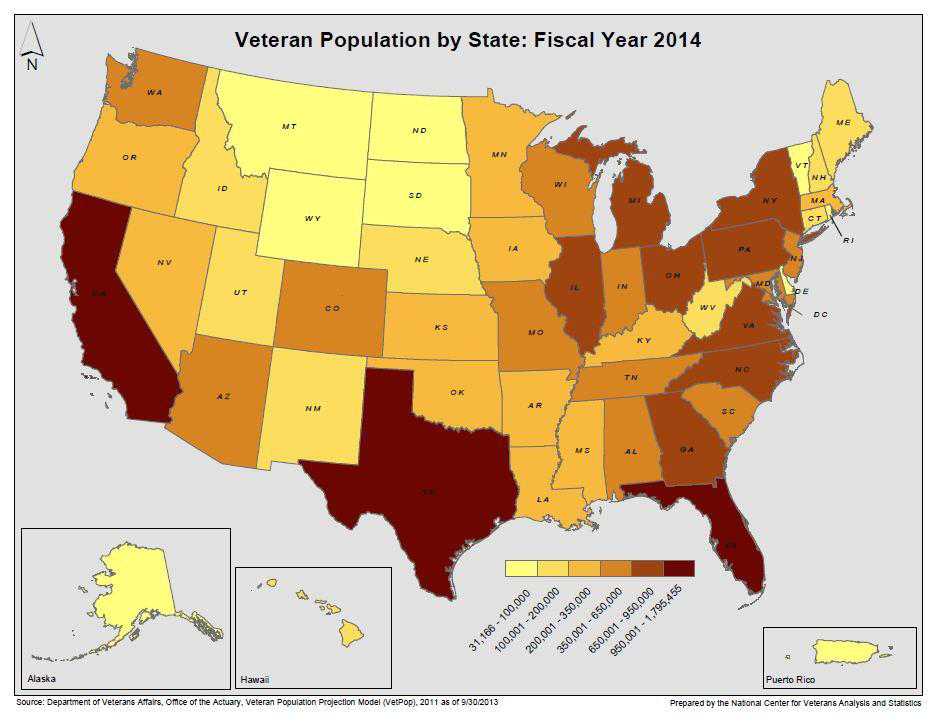 A map of the United States showing the percentage of veteran population by state in fiscal year 2014. The map is color-coded with different shades of orange representing different areas of the country. The majority of the states are in red or yellow.<br /><br />The map also includes a legend at the bottom that explains the different colors used in the map. The colors range from light yellow to dark red with the darker red representing the percentage. The text at the top of the image reads "Veteran Population by State: Fiscal Year 2014".