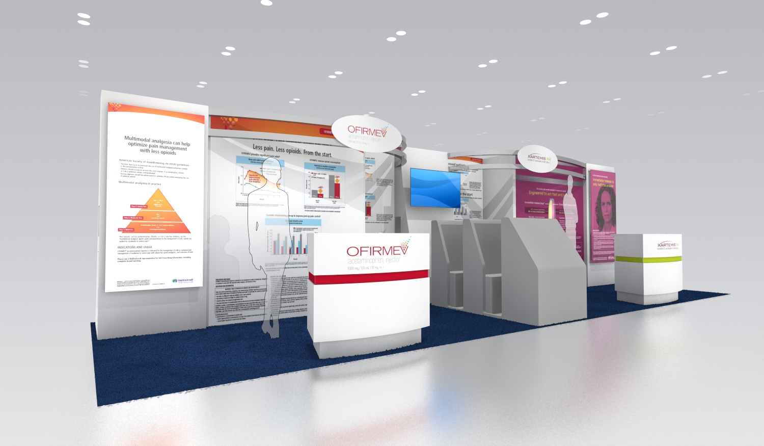 A 3D rendering of a trade show booth with a modern design. The booth is set up in a large room with white walls and a blue carpet. There are three large banners on the left side of the booth each with a different design and color scheme. On the right side there is a large screen displaying information about the company's products and services. In the center there are two smaller screens displaying the company name and logo. <br /><br />The booth also has a podium with a microphone and a podium stand in front of it. There is also a banner with a picture of a woman's face on it. The overall design is minimalistic and professional with a focus on the company and its products.