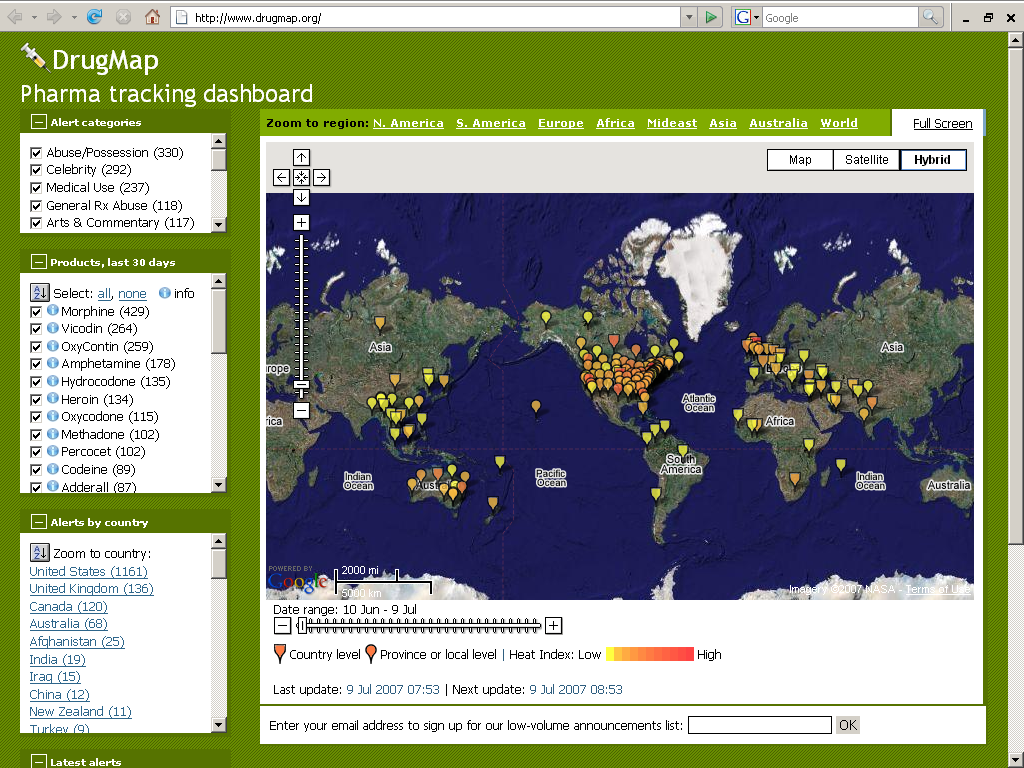 A screenshot of a drugmap pharma tracking dashboard. The dashboard is displayed on a computer screen with a blue background and a map of the world in the center. The map is filled with orange and yellow dots representing the locations of different types of drugs in different countries. The dots are arranged in a grid-like pattern with each dot representing a different type of drug. <br /><br />On the left side of the dashboard there is a list of drugs that are available for purchase such as drugs alcohol and other drugs. On the right side there are options to select the type of drugs the number of drugs available and the percentage of people who purchase them.<br /><br />At the bottom of the screen there has a button that says "Enter your email address to sign up for the drugmap" and a link to the website www.drugmap.org.