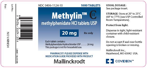 A product label for Methylphenidate HCI tablets USP. The label is rectangular in shape and has a blue background with white text. The brand name "Methylin" is written in bold letters at the top followed by the dosage of "20 mg" in smaller letters. Below the brand name there is a description of the product which states that it contains 20 mg of methylphenidate hydrochloride USP and that it is not for household use. <br /><br />On the right side of the label there are instructions on how to use the product. The instructions include:<br /><br />- Storage: Store at 20 to 25 degrees Celsius (or 68 degrees Fahrenheit) (See USP Controlled Room Temperature)<br />- Protect from light<br />- Dispense in tight light-resistant container with child-resistant closure<br />- Do not accept if seal over bottle opening is broken or missing<br />- Pharmacist: Please dispense with medication guide provided with product<br /><br />The label also has a barcode on the left side indicating that the product is not available in the United States.