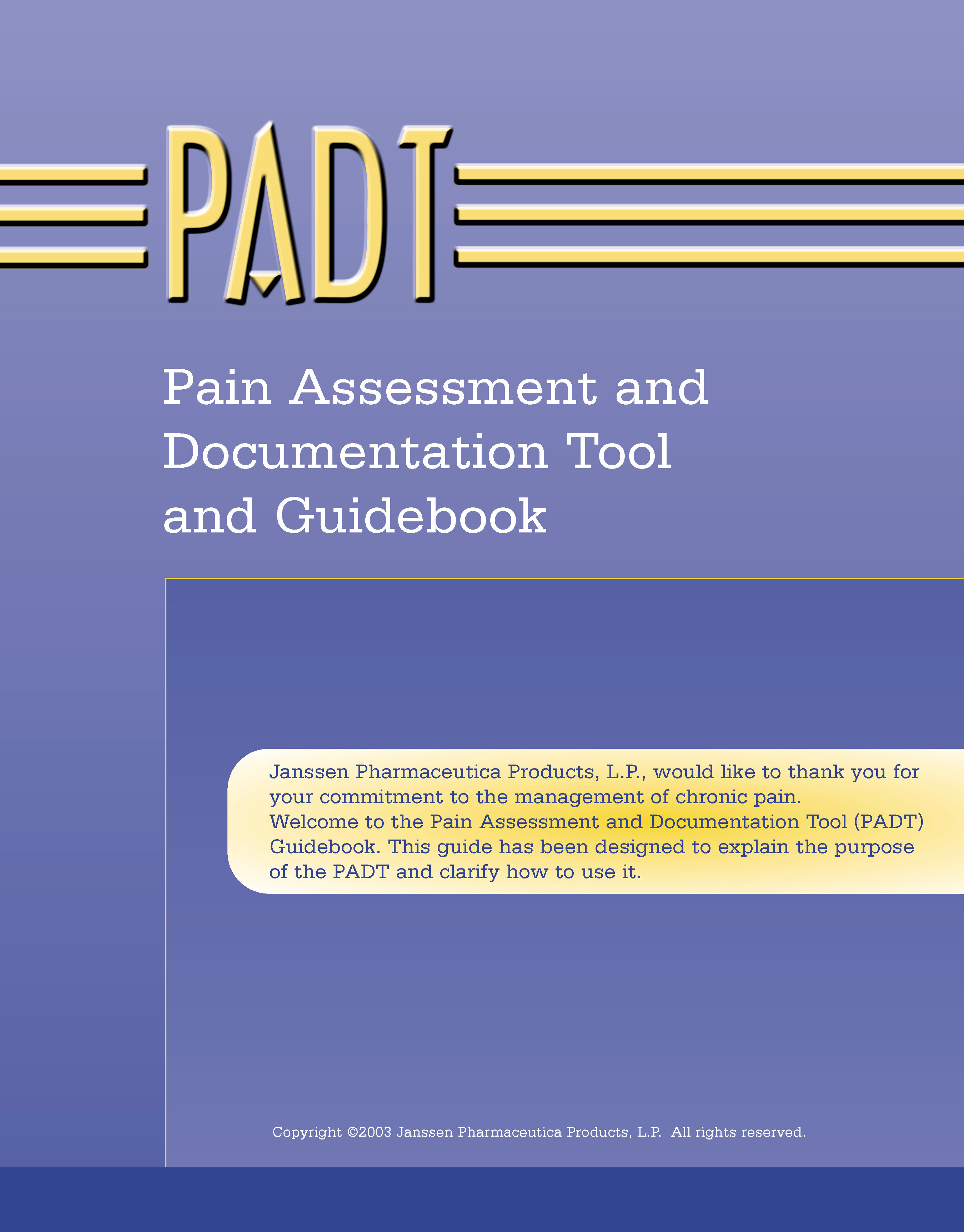 The cover of a "Pain Assessment and Documentation Tool and Guidebook" by Janssen Pharmaceutical Products L.P. from 2003. The cover is predominantly blue with a gold border with text in gold white and blue.