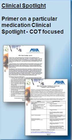 Two papers with the text "Clinical Spotlight: Primer on a particular medication Clinical Spotlight - COT focused" written on them. The papers appear to be related to a clinical spotlight as indicated by the logo of the company "MHA" on the top left corner. The background is a light blue color and the text is written in black. The image also has a watermark in the bottom right corner.