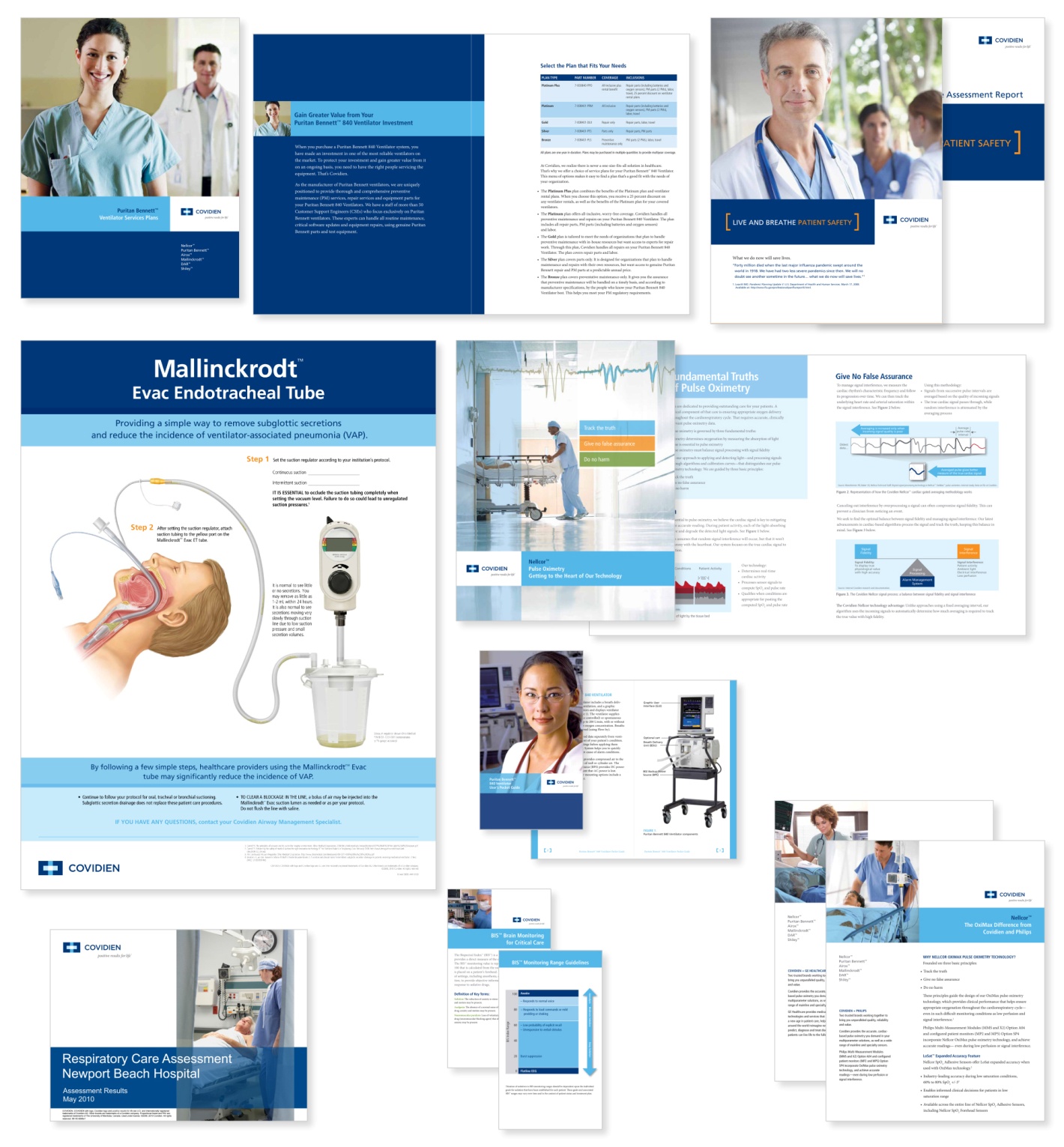 A collection of brochures and flyers for a medical company called Mallinckrodt. The brochures are arranged in a grid-like pattern on a white background. <br /><br />The first brochure on the top left corner has a blue header with the company's logo and contact information. On the top right corner there is a photo of a group of people wearing blue scrubs and smiling at the camera. Below the photo there are several smaller brochures with information about the company and its services.<br /><br />In the center of the brochure it has an image of a patient's face with an ECG (Electrocardiogram) machine attached to it. The machine is used to measure the oxygen saturation levels in the patient's lungs and other vital signs. The text on the brochures provides further details about the product such as its features benefits and how it can be used to improve the overall health and safety of the patient.