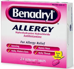 Of a pink box of Benadryl Allergy tablets. The box is rectangular in shape and has a white background. The front of the box has the brand name "Benadryl" written in bold black letters at the top followed by the word "Allergy" in smaller black letters. Below that there is a description of the product which reads "Diphenhydramine Hydrochloride Antihistamine for Allergy Relief". <br /><br />The box also mentions that the product is for sneezing running nose itchy watery eyes and itchy throat. There are 24 tablets in the box each with a small tablet size. The tablets are easy to swallow and come in a pack of 24.