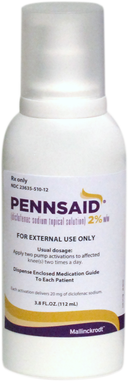 Of a white plastic bottle with a purple label. The label has the brand name "PENNSAID" written in bold black letters at the top followed by the words "2% for external use only" in smaller black letters. Below that there is a description of the product which states that it is a 2% solution for use only. <br /><br />The label also mentions that the product is a dispenser enclosed medication guide to each patient. The bottle is 3.8 fl. oz. (112 ml) in size and has a pump dispenser at the bottom. There is also a label that reads "Mallinckrodt" in purple letters. The background of the label is white.