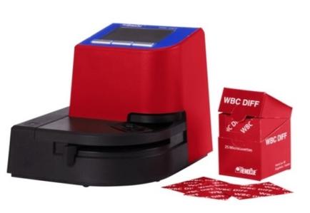 A red and black WBC riff (WBC riff) machine with a blue LCD screen on top. The machine is placed on a black base and there are several red cards scattered around it. On the right side of the image there is a small red box with the WBC riff logo on it. The box appears to be made of cardboard and has a handle on the top for easy carrying. The background is white.