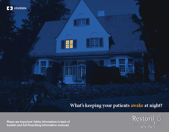 A large two-story house with a sloping roof and white walls. The house is lit up at night with a blue light shining on the front of the house. There are trees and bushes surrounding the house and the sky is dark indicating that it is nighttime. The text on the image reads "What's keeping your patients awake at night?" and there is a logo for "Restoril" on the top left corner.