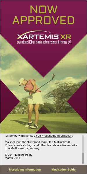 An advertisement for Xartemis XR by Mallinckrodt with the tagline "Now approved : Xartemis XR" dated March 2014. It includes a photo of a female golfer swinging a club on a golf course. It appears to be part of a website as there is a scroll bar on the right and two hyperlinks at the bottom (for Prescribing Information and Medication Guide).