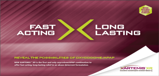 A promotional poster for Xartemis XR< with the taglein "Fast Acting X Long Lasting". The background of the poster is a gradient of pink and purple with the text "Reveal the possibilities of Oxycodone/APAP" in bold white letters at the top. Below the text there is a yellow logo of the product which is a shield with a red and white checkered pattern. The text below the logo reads "New XARTEMIS XR is the first and only oxycodone-APAP combination to offer fast-acting long-lasting relief in an abuse-detergent formulation." The poster also mentions that the product is available for purchase at a discounted price.