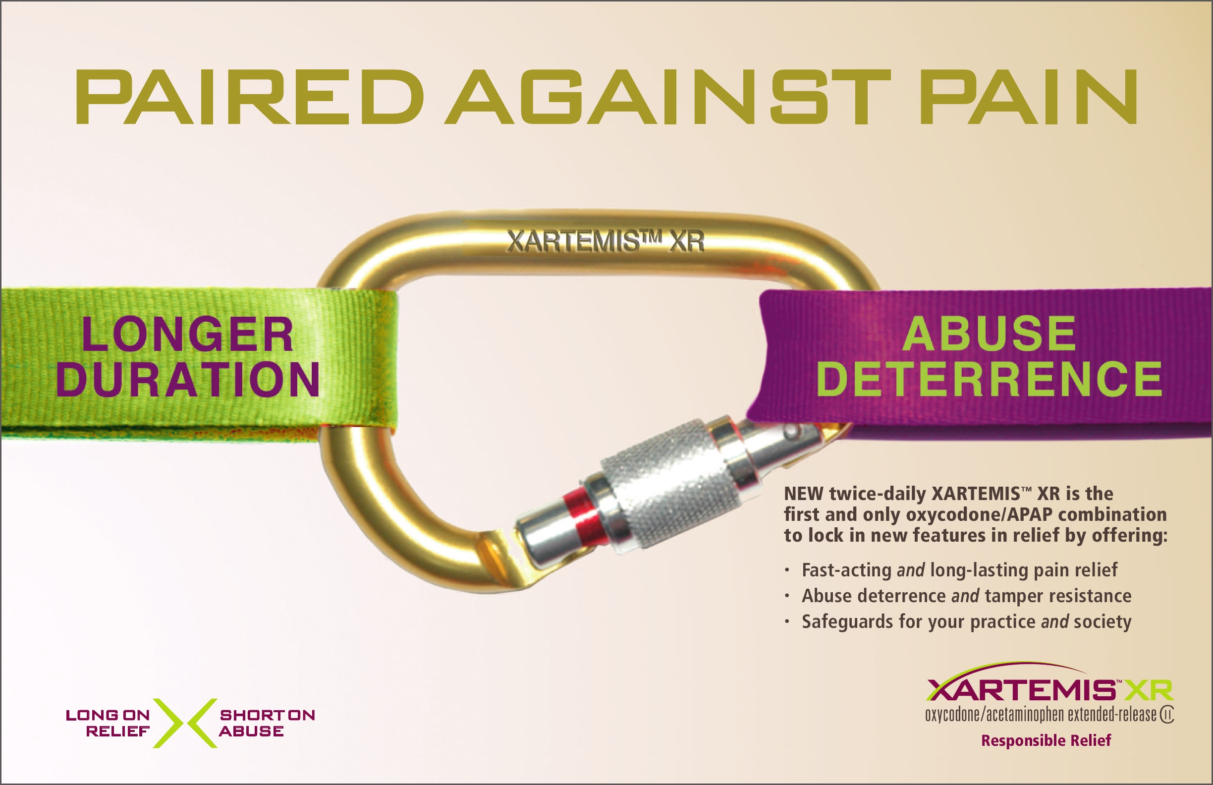 An advertisement for a product called "Paired Against Pain". The background is a light beige color and the text is in black. On the left side of the image there is a yellow carabiner with a green strap attached to it. The strap has the brand name "Xartemis" written on it in white letters. The text on the strap reads "Longer Duration" and "Abuse Deterrence". On the right side there are two smaller text boxes that read "New twice-daily Xartemis XR is the first and only XARTEMIS XR combination to lock in new features in relief by offering. Fast-acting and long-lasting pain relief. Safeguards for your practice and society." The text is written in a bold sans-serif font and is centered on the image.