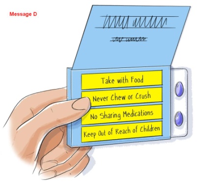 A hand holding a blue box with a message written on it. The message reads "Take with food never chew or crush no sharing medications keep out of reach of children". The box is rectangular in shape and has a handle on the top for easy carrying. The background is white.