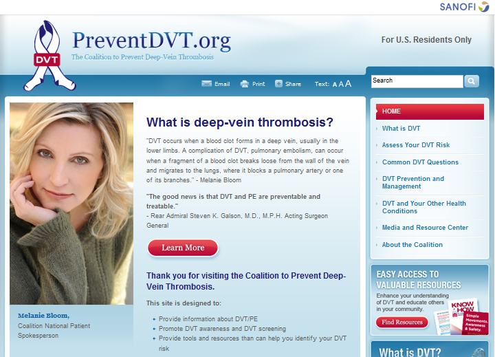 A screenshot of the homepage of the PreventionDVT.org website. The website has a blue and white color scheme with the logo of the organization at the top left corner. On the left side of the page there is a photo of a woman with blonde hair and a green sweater. She is smiling and looking directly at the camera. Below the photo there are two buttons - "Learn More" and "Easy Access to Valuable Resources". <br /><br />The main content of the webpage is a question that reads "What is deep-vein thrombosis?" Below the question it explains that the website provides information about the condition and how it can help prevent it. There is also a link to the website's website for U.S. residents only.<br /><br />On the right side of this page the homepage has a search bar and a home button. There are also several other options for users to choose from such as "Home" "About Us" and "Contact Us". At the bottom right corner of the image there has a button that says "Find Resources".