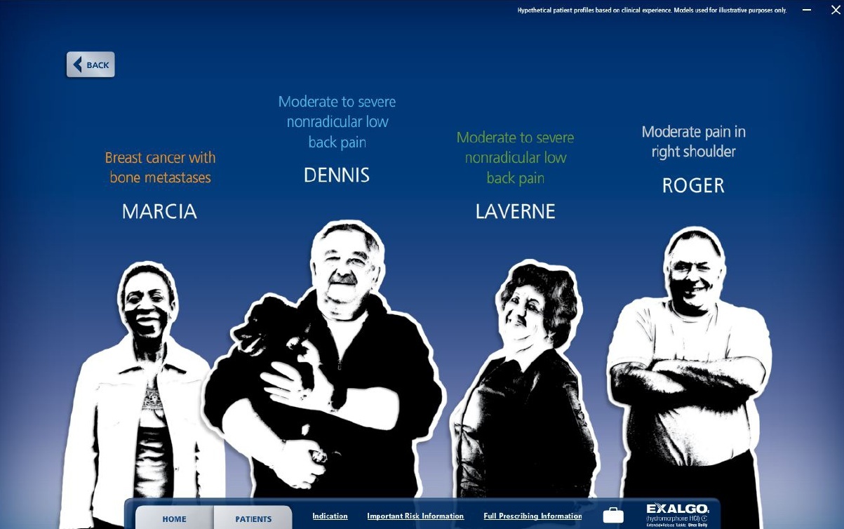 A screenshot of a page from the Exalgo website with links to 4 different hypothetical patient profiles (Marcia Dennis Laverne and Roger). It has a blue background with text in multiple colors and black and white photographs of each patient (presumably actors). They are all wearing casual clothing and smiling.<br /><br />At the bottom of the image there is a navigation bar with 5 options : "Home" "Patients" "Indication" "Important Risk Information" and "Full Prescribing Information". The overall design of the website is simple and modern with a clean and minimalistic layout.