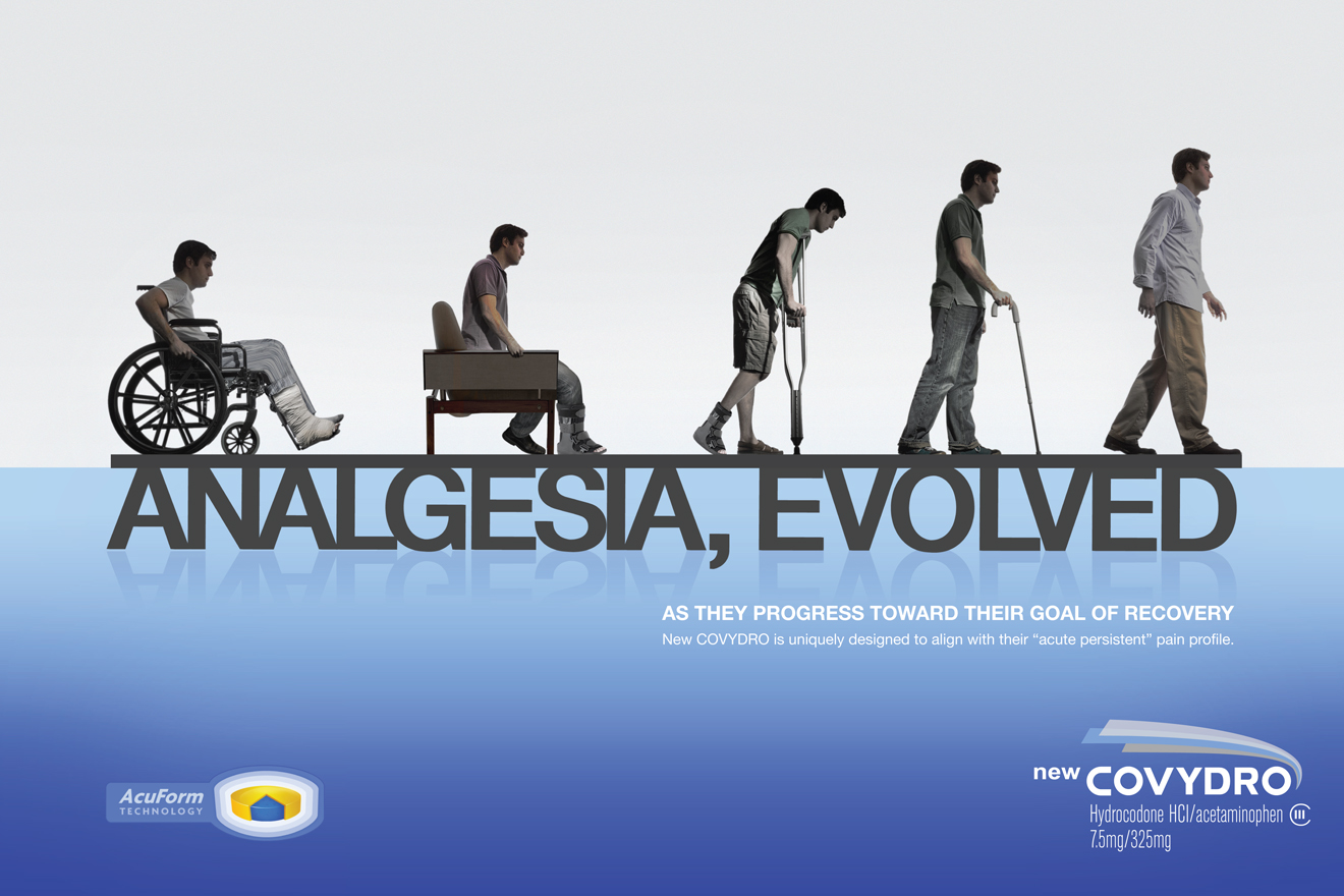 An advertisement for the new Covydro. It features a group of six men walking in a line with one man in a wheelchair on the left side of the image. The background is white and the text "Analgesia Evolved" is written in bold black letters at the top. Below the text there is a blue banner with the company's logo and the words "As they progress toward their goal of recovery" in smaller white letters. The men are all wearing casual clothes and appear to be walking in different directions. The overall design of the advertisement is modern and minimalistic.