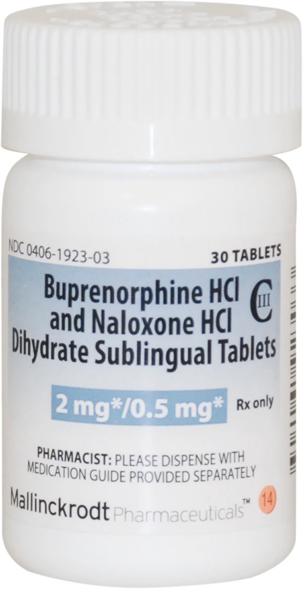 Of a white medicine bottle with a white cap. The label on the bottle is blue and white with the text "Buprenorphine HCI and Naloxone HCI Dihydrate Sublingual Tablets" written in bold black font. Below the text there is a description of the product which states that it is 2 mg/0.5 mg and is available for purchase with medication guide provided separately. The bottle is labeled "NDC 0406-1923-03" and "30 Tablets". The label also mentions that the product is available in the United States.