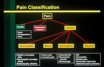 A diagram that shows the different types of pain classification. It is divided into four sections each representing a different type of pain. The first section is labeled "Pain Classification" and has a title that reads "Acute" "Injury Postoperative Flare" "neuropathy" "Mixed" "Nocceptive" "Visceral" and "Diabetic neuropathy". The second section is titled "Cancer pain" "Low back pain" and the third section is labelled "Osteoarthritis" "Rheumatoid arthritis" "Fibromyalgia" "Bladder pain" etc. The diagram also has a description of each type of condition and its associated symptoms. The background of the image is black and the text is in white.