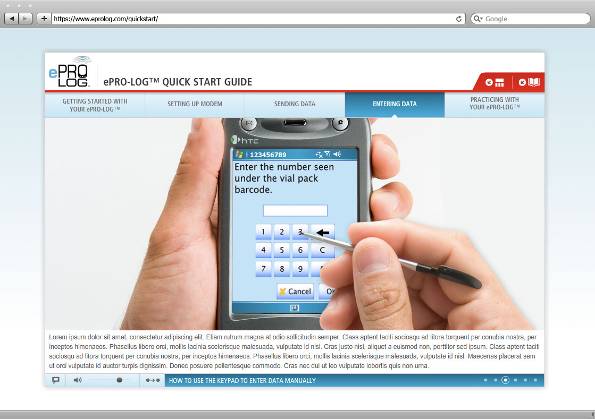 A person's hand holding a mobile phone with a pen in it. The phone is displaying a Quick Start Guide page on the screen. The page has a blue background with white text and a red header. At the top of the page there is a navigation bar with links to different sections of the website. Below the navigation bar there are options to enter the number seen under the vial pack barcode. The text on the page reads "Enter the number" and "Cancel". The page appears to be a tutorial or guide on how to use the Quick Start guide on a mobile device.