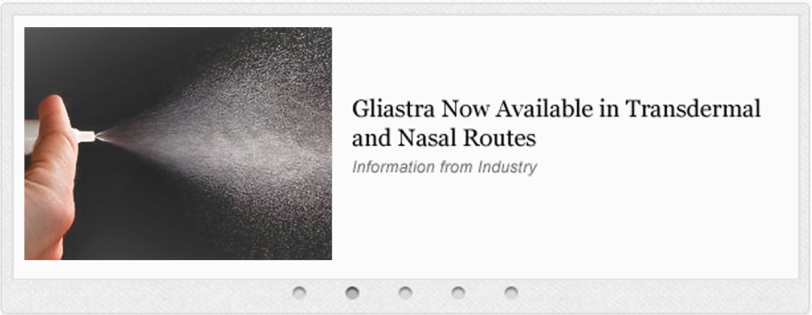 A hand holding a spray bottle with a black background. The spray bottle is spraying water onto the surface of the image creating a mist-like effect. The text on the image reads "Glistra Now Available in Transdermal and Nasal Routes Information from Industry". The text is in white and is positioned on the right side of the screen.