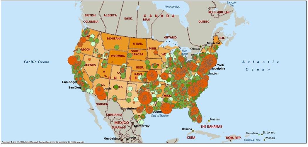 A map of the United States of America with individual states color coded in various shades of orange and metropolitan areas (presumably) color coded in various shades of orange and green. There is no title or legend to explain what information has been recorded.