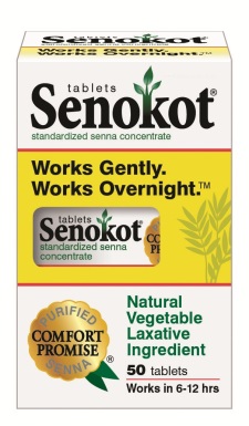 Of a box of Senokot tablets. The box is white with a yellow and green label. The label has the brand name "Senokot" written in bold black letters at the top followed by the product name "Works Gently. Works Overnight" in smaller black letters. Below that there is a description of the product which states that it is standardized senna concentrate. <br /><br />The label also mentions that the product is "Natural Vegetable Laxative Ingredient" and that it contains 50 tablets. There is also a label that says "Purified Comfort Promise Senna". The box appears to be new and unused.