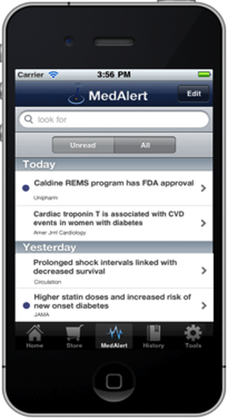 A screenshot of the medalist app on an iPhone. The app is open and the user is looking for a program called "calcine REMS program has FDA approval". The app has a blue header with the time "3:56 PM" at the top. Below the header there is a search bar and an edit button. On the left side of the screen there are three options - "Today" "Yesterday" and "Prolonged shock intervals linked with decreased survival". The first option is "Higher station doses and increased risk of new onset diabetes". The second option is for "Cardiac tropeolin T is associated with CVD" and the third option is to "Yesterday". At the bottom of the image there has a home button and a "Home" button indicating that the app is available on the iPhone.