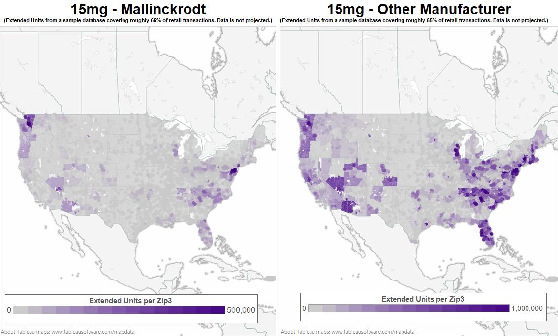 A map of the United States showing the distribution of 15mg of Mallinckrodt and other manufacturers in each state. The map is color-coded with the majority of the states in purple or white.<br /><br />The map is divided into two sections one for each state and the other for the other. The states are labeled with the names of the manufacturers and each state is represented by a different color. The purple section shows the number of extended units per zip while the white section shows that the extended units are more densely packed than the purple section. The data is presented in a table format with a title at the top that reads "15mg - Mallinckrodt - Other Manufacturer".<br /><br />At the bottom of the image there is a bar graph that shows the percentage of extended Units per Zip ranging from 1000000 to 1500000. The bar graph shows that there are more extended units than the other two states.