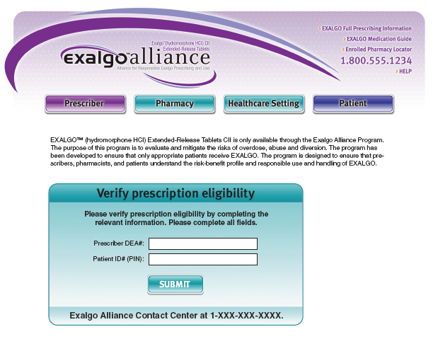 A screenshot of the Exalgo Alliance Contact Center website. The website has a purple and white color scheme with the company's logo at the top. Below the logo there is a form with fields for the user to fill out such as "Prescriber" "Pharmacy" "Healthcare Setting" and "Patient". <br /><br />At the bottom of the form there are two buttons - "Verify prescription eligibility" and "Submit". The form also has a link to the website's contact information page.<br /><br />The form appears to be a form for verifying prescription eligibility for a patient. The form has a blue header with white text and a white background. There is also a button to submit the form.