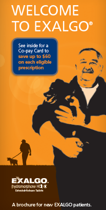 An advertisement for Exalgo. The background of the image is orange and the text is in white. On the right side there is an illustration of an elderly man holding a black dog in his arms. The man is wearing a blue shirt and has a big smile on his face. The text on the image reads "Welcome to EXALGO" and "See inside for a Co-pay Card to save up to $60 on each eligible prescription." Below the illustration there are two smaller illustrations of a person walking a dog. The company's logo is also visible in the bottom right corner.