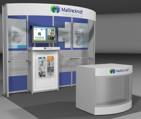 A 3D rendering of a trade show booth for Mallinckrodt Pharmaceuticals. The booth is white and blue in color with a curved design. It has a large screen on the left side of the booth displaying the company's logo and a banner that reads "Performance". On the right side there is a small white counter with a logo of the company on it. In front of the counter there are several shelves with various products and information about the company. The background is a gray floor and a white wall.