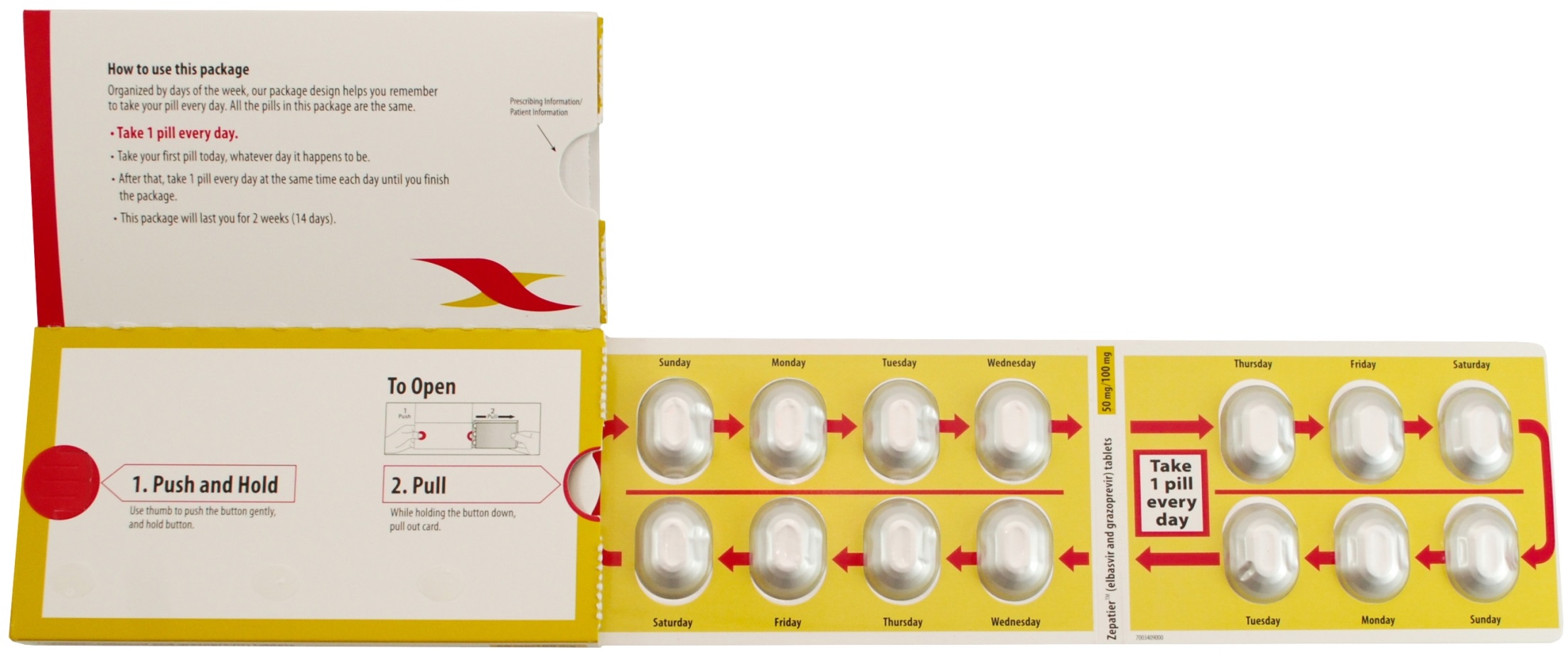 A pack of pills. The pack is yellow in color and has a red and white label on the top left corner. The label has instructions on how to use the pack. On the top right corner there is a red arrow pointing to the right side of the pack indicating that the pack contains 12 pills. Below the instructions there are two buttons - "1. Push and Hold" and "2. Pull". The instructions are written in black text on a white background. <br /><br />The pack appears to be a blister pack as there are multiple compartments on the front each containing a different type of pill. The compartments are arranged in a grid-like pattern with each compartment containing a single pill. There are also two red arrows pointing towards the top and bottom of each compartment indicating the different types of pills inside the pack and how they can be used to open and close them.