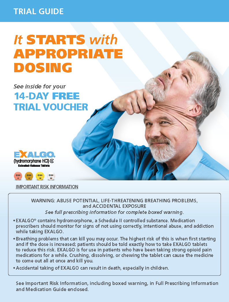 An advertisement for a trial guide for a 14-day free trial voucher. The background is white and the text is in black and orange. On the right side of the image there is a photo of a middle-aged man with grey hair and a beard wearing a blue shirt. He is holding his head with his hand and appears to be deep in thought. The text on the image reads "It starts with appropriate dosing" and "See inside for your 14-Day Free Trial Voucher". Below the photo there are warning signs and information about the trial voucher including "Important risk information" "Abuse potential life-threatening breathing problems" and "Exalgo".