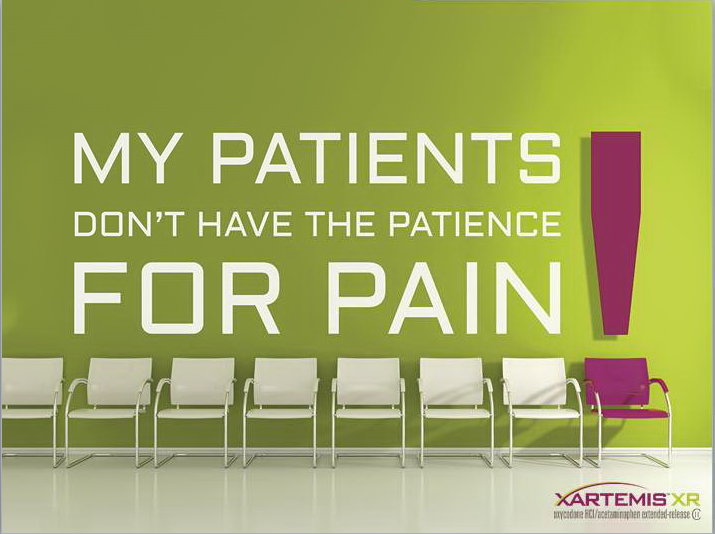 A graphic design with a green background and white text. The text reads "My patients don't have the patience for pain" in large bold letters. Below the text there is a purple exclamation mark. On the right side of the image there are six white chairs arranged in a row facing the same direction. The chairs are arranged in front of a white floor. The overall design is simple and minimalistic.