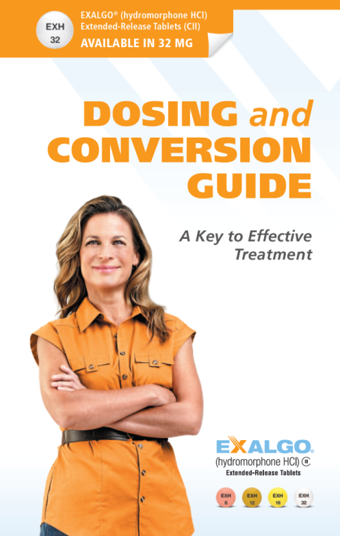 The cover of a book titled "Dosing and Conversion Guide: A Key to Effective Treatment". The cover features a photo of a woman with long blonde hair wearing an orange shirt and a black belt. She is standing with her arms crossed and is smiling at the camera. The title of the book is written in bold white letters at the top of the cover with the subtitle "Exalgo Hydromorphone HCI Extended-Release Tablets (CII) Available in 32 MG". Below the title there is a subtitle in smaller black letters that reads "A key to effective treatment". At the bottom right corner there are three small icons representing the book's contents.