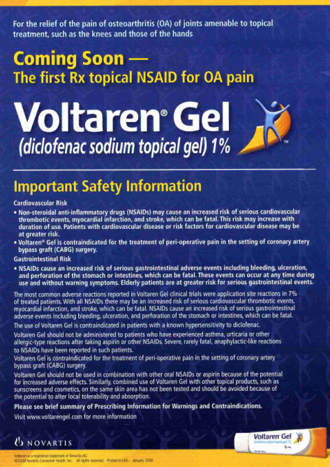 An advertisement for Voltaren Gel (diclofenac sodium topical gel) with the tagline "Coming Soon - The first Rx topical NSAID for OA pain" intended "for the relief of the pain of osteoarthritis (OA) of joints amenable to topical treatment such as the knees and those of the hands". The background of the image is blue and the text is in white and yellow. It includes "Important Safety Information" at the bottom.