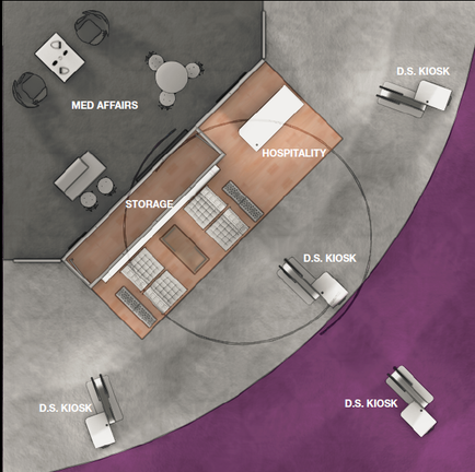 A floor plan of a hospital room. The room is divided into two sections with the left section showing the storage area and the right section showing a hospital bed. The storage area is located in the center of the room with a desk and a chair on the left side. The bed is made of wood and has a white mattress and a headboard. There are two pillows on either side of the bed and a small table with a lamp on top of it. The room is connected to the hospital bed by a curved line and there are several medical equipment scattered around the room. On the right side there is a desk with a computer monitor and a keyboard and on the bottom right corner there are two chairs. The floor plan is labeled with the names of the hospitals "D.S. Kiosk" "Med Affairs" and "Hospitality".