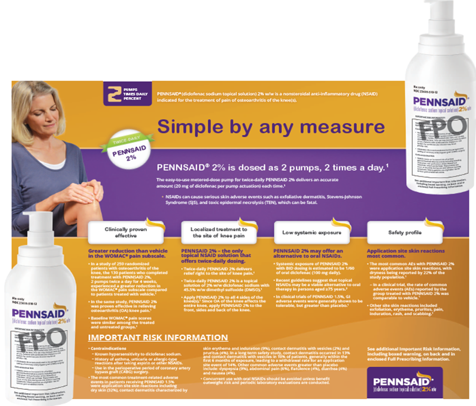 An advertisement for Pennsaid FPO a medication used to treat pain and discomfort. The background of the image is orange and yellow with the brand name "Pennsaid" written in bold white letters at the top. Below that there is an image of a woman with blonde hair wearing a blue shirt with her hands clasped together in pain. On the left side of the advertisement there are two bottles of the product one white and one blue with a pump dispenser on top. The text on the advertisement reads "Simple by any measure" and "PENNSAID 2% is dosed as 2 pumps 2 times a day." <br /><br />The advertisement also includes information about the product's safety profile including its importance and risk information.