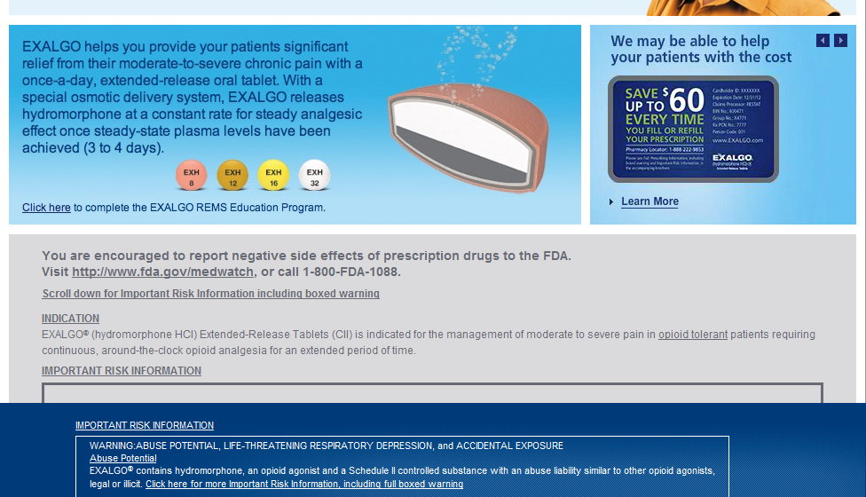 A screenshot of the homepage of the EXALGO Education Program website. The page is divided into two sections. The top section has a blue header with the title "EXALGO helps you provide your patients significant relief from their moderate-to-severe chronic pain with a special-day extended-release oral tablet. With a special orthopedic delivery system EXALOGO releases hydrochloric acid for steady analgesic effect once steady-state plasma levels have been achieved. Click here to complete the program. You are encouraged to report negative side effects of prescription drugs to the FDA. Visit the website for more information.<br /><br />The bottom section of the page has a white background with blue text. On the right side there is an image of a blue box with the text "Save up to 60% every time" and a button that says "Learn More". Below the box there are two buttons - "Important Risk Information" and "Warning: Warning: Potential Life-threatening Respiratory Depression and Accidental Exposure".