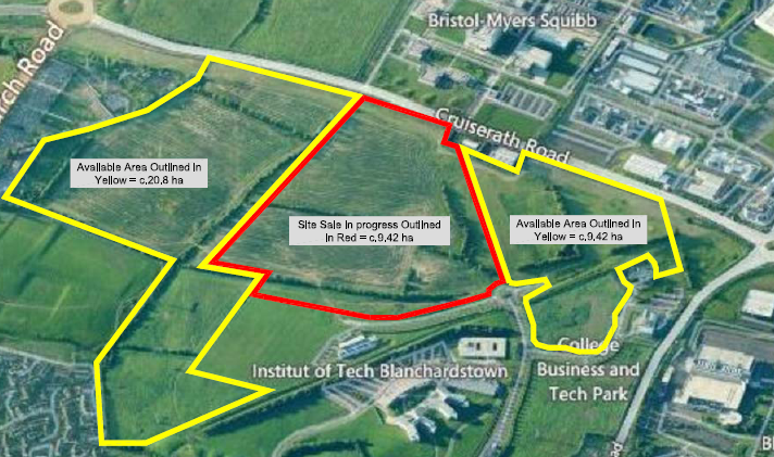 A map of a city with a red and yellow area in the center. The area is marked with a yellow line that runs through the center of the map. The red line is labeled "Available Area Outlined in Yellow" and is located on the right side of the image. On the left side there is a green area with a few buildings and roads. The map also shows the location of the Institute of Tech Blanchardstown and Business and Tech Park. The text on the map provides additional information about the area.