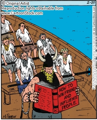 A cartoon illustration of a group of people on a boat. The boat appears to be sailing on the ocean with the horizon visible in the background. The people on the boat are dressed in medieval-style clothing with some wearing white tunics and others wearing black tunics. In the center of the image there is a man wearing a black hat and holding a red book titled "How to Win Friends and Influence People". He is standing in front of the boat with a determined expression on his face. The title of the book is written in bold letters at the top of the illustration. The illustration is titled "Original Artist Reproduction rights obtainable from www.CartoonStock.com".