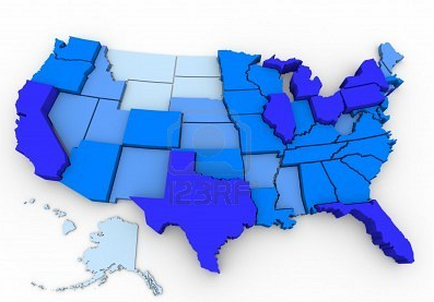 A 3D map of the United States of America. The map is made up of blue blocks arranged in a grid-like pattern with each block representing a different state or territory. The states are outlined in a darker shade of blue while the rest of the map is in a lighter shade of purple. The background of the image is white and there is a small outline of the state of Alaska on the bottom left corner.