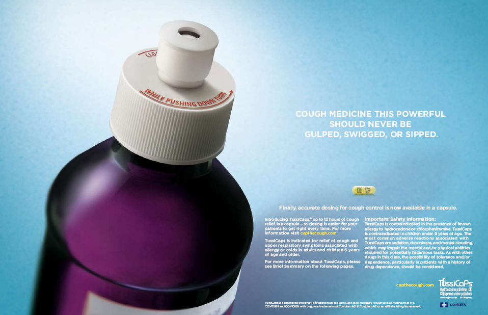 An advertisement for a cough medicine product. It features a close-up of a purple-colored bottle with a white cap. The bottle is placed on a blue background. On the right side of the image there is text that reads "Cough medicine this powerful should never be gulped swigged or sipped." Below the text there are two buttons - "Finally accurate dosage for cough control is now available in a capsule." The text is in white and is in a modern sans-serif font. The overall design of the advertisement is clean and minimalistic.