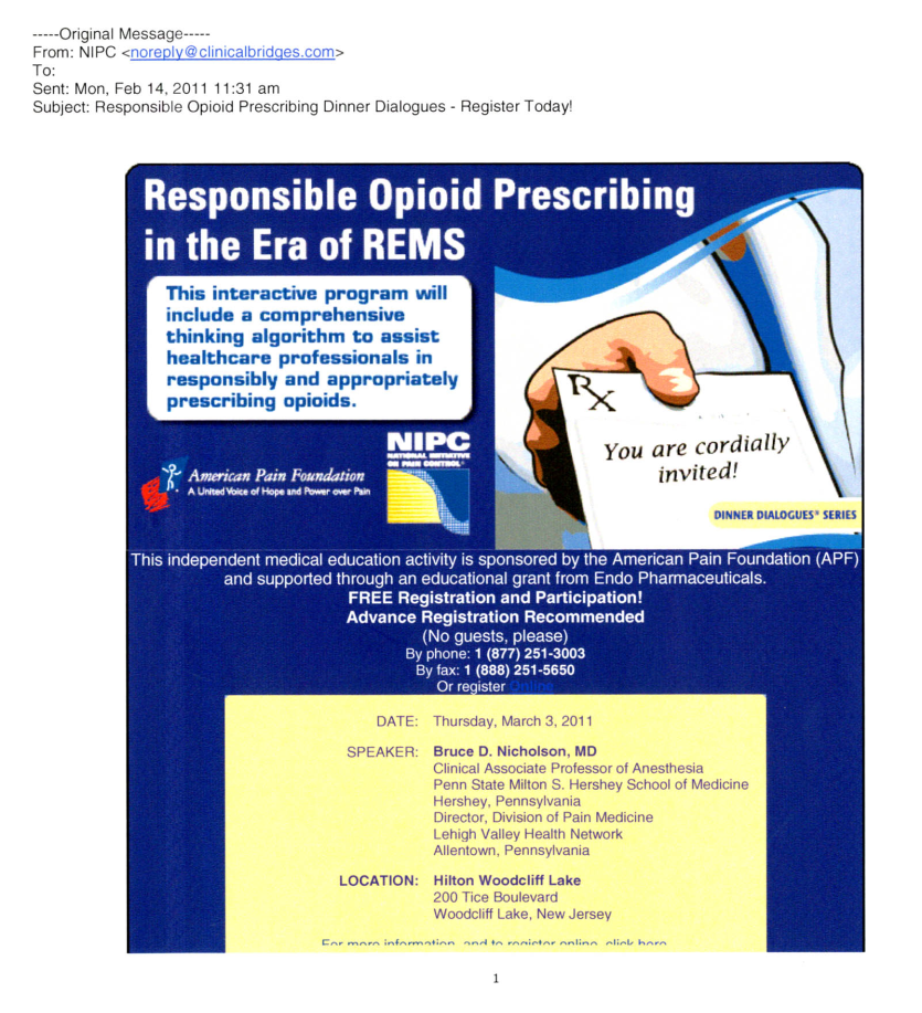 A flyer for a Responsible Opioid Prescribing in the Era of REMS program. The flyer has a blue background with white text. The title of the program is written in bold letters at the top of the flyer. Below the title there is an image of a hand holding a prescription bottle with the text "You are cordially invited!" and below that there are details about the program including the date location and contact information. <br /><br />The flyer also mentions that the program will include an interactive program to assist healthcare professionals in prescribing opioids. The program is sponsored by the American Pain Foundation (APF) and is available for free registration and participation.