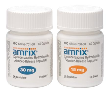 Two white plastic bottles with white caps. The bottles are labeled with the brand name "amrix" and the product name "Cyclobenzapine Hydrochloride Extended-Release Capsules". The bottle on the left is 30 mg and the one on the right is 15 mg. Both bottles have the same brand name and product name printed on them. The background of the image is plain white.