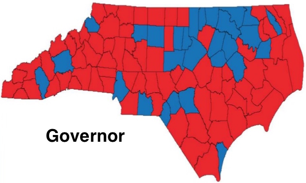 A map of the state of North Carolina with the counties in red and blue. The map is color-coded with each county represented by a different color - red blue and gray. The counties are arranged in a grid-like pattern with some counties in blue and others in red. The word "Governor" is written in black at the bottom of the map. The background of the image is white.