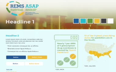 A screenshot of a draft version of the homepage of the REMS ASAP website consisting primarily of placeholder text and images. There are also two infographics with titles "Nearly 1 per AMA [sic?] of 4 prescription drug overdoses is caused by opioid painkillers" and "10 of the highest prescribing states for painkillers are in the South" (with a color coded map).